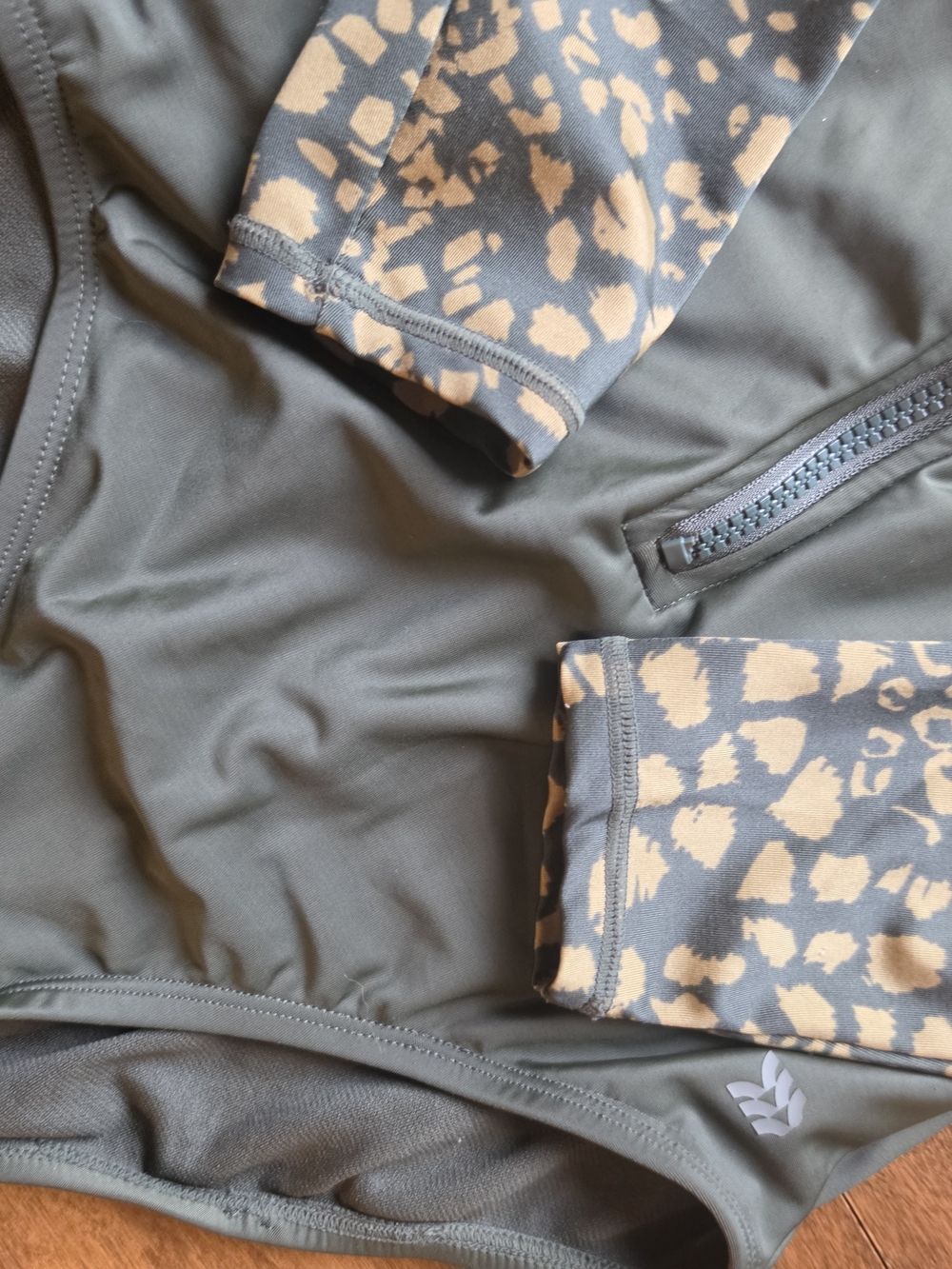 all in motion Olive Long-Sleeve One-Piece Swimsuit with Tan Animal Print - Picture 3 of 5